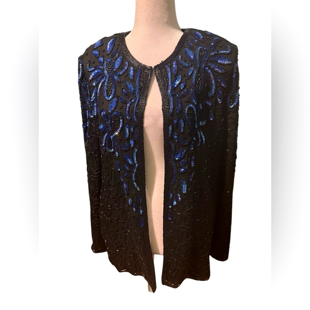 Vintage Black and Blue Beaded blazer Jacket size L
